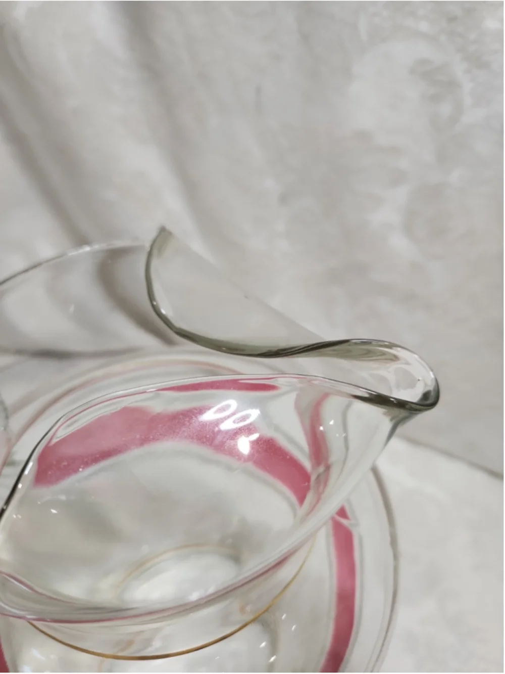 MCM Glass Pitcher Ice Lip Pink White Enamel Stripe Gold Trim Ribbed Handle